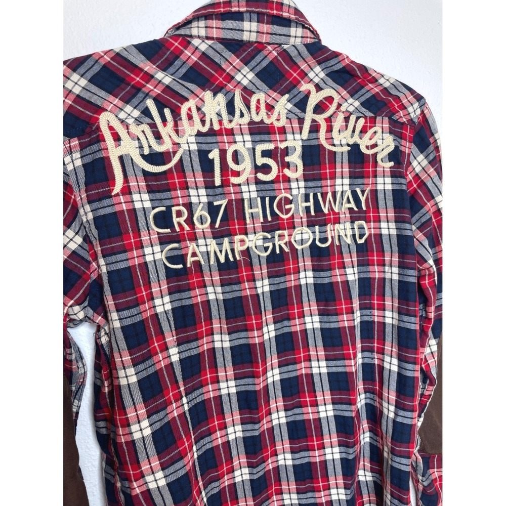 Embroidered  Plaid Mens Button Down Shirt Elbow Patches Small Western Gorpcore